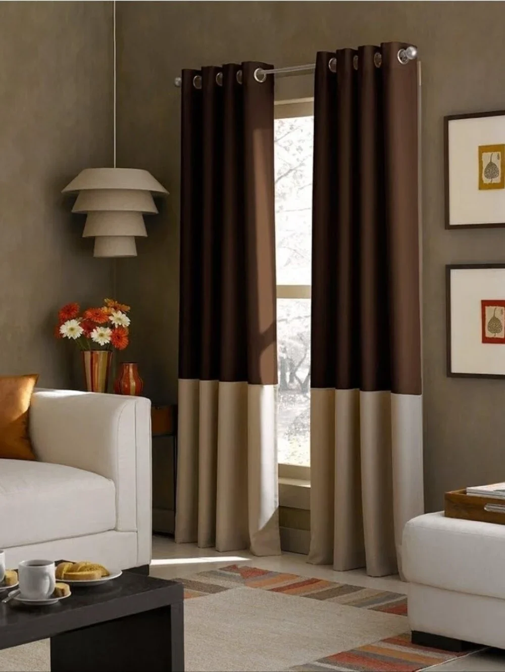 Two-Tone Brown and Beige Grommet Panel Curtain - Home Accents (4 Panels)